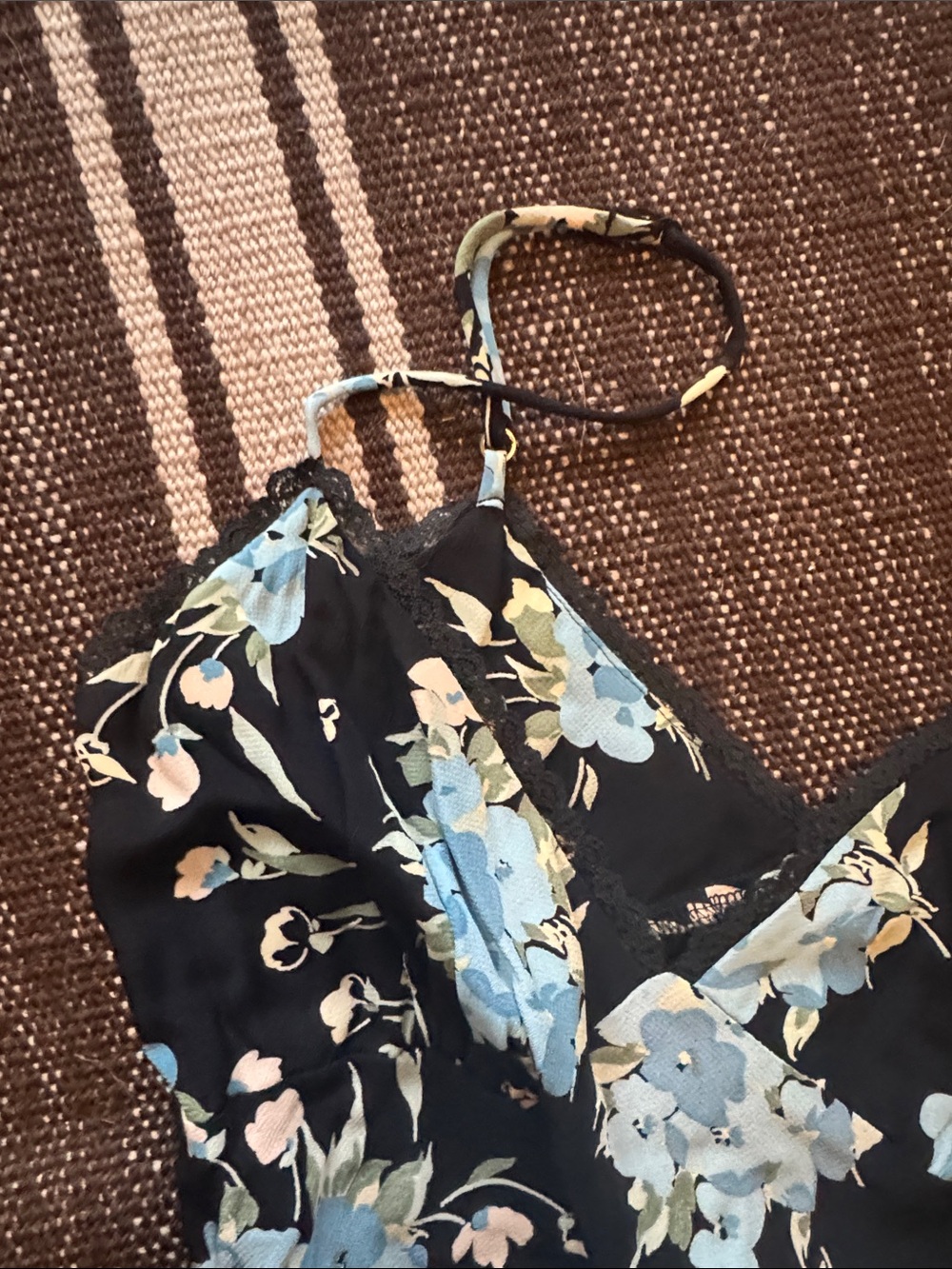 VINTAGE Floral Black Maxi Slip Dress with Light Blue Blooms - Picture 4 of 7